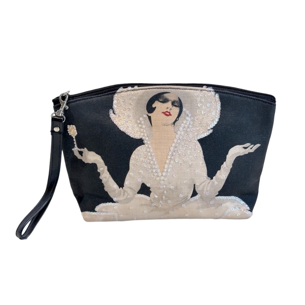 Vermouth Bianco Sequin Lady in Big Hat with Drink Clutch Travel or Cosmetics Bag